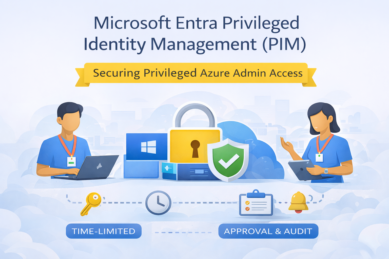 Microsoft Entra Privileged Identity Management configuration flow showing role eligibility, MFA activation, approval, and automatic expiry