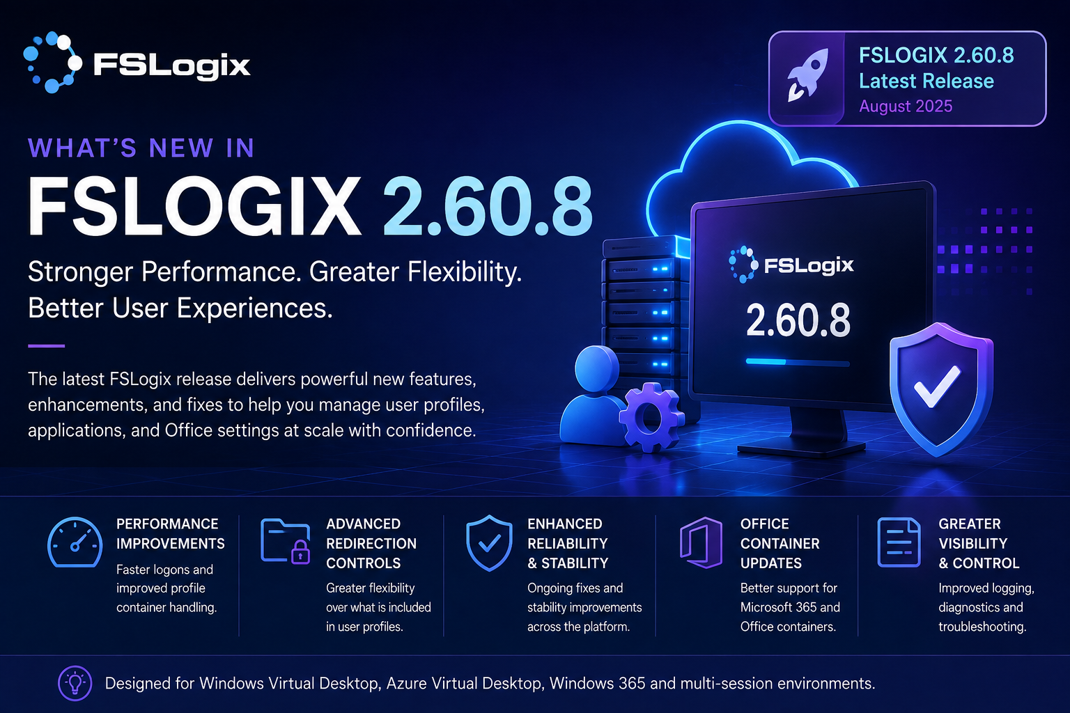 FSLogix 26.08 release for Azure Virtual Desktop highlighting Cloud Kerberos ticket refresh, profile container improvements, Azure Files authentication and reliability fixes.