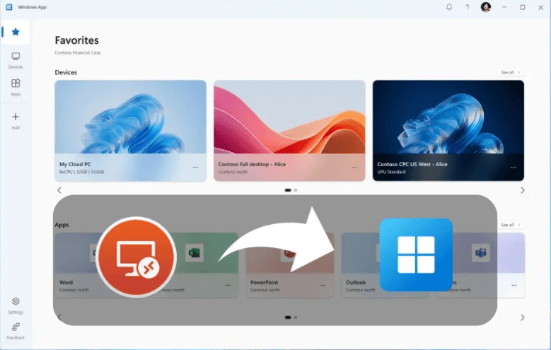 Windows App for Azure Virtual Desktop showing device redirection settings and registry configuration for peer-to-peer connections